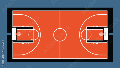 Aerial View of a Basketball Court with Markings on Dark Blue and Orange Surface.