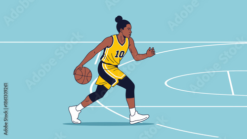 Focused female basketball player in yellow uniform dribbling the ball on a light blue court, engaging in an athletic game.