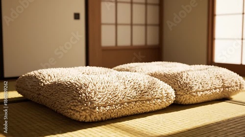 Two beige cushions in sunlit interior
