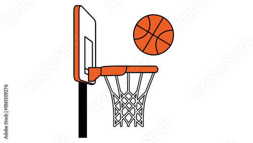 Classic basketball hoop with an orange ball in motion, isolated on a clean white background.