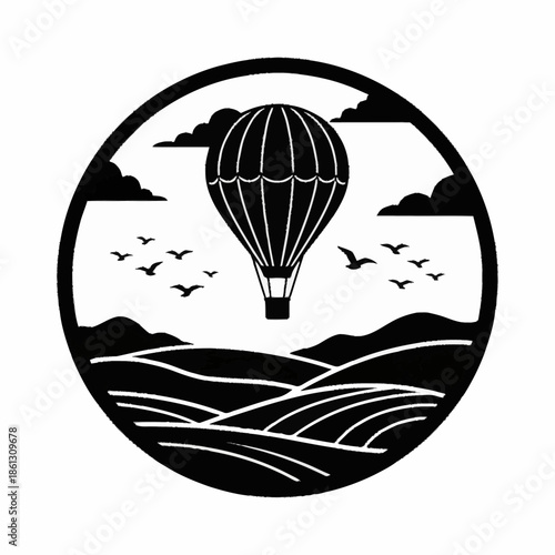 Hot air balloon flying over rolling hills with birds in a circular frame.