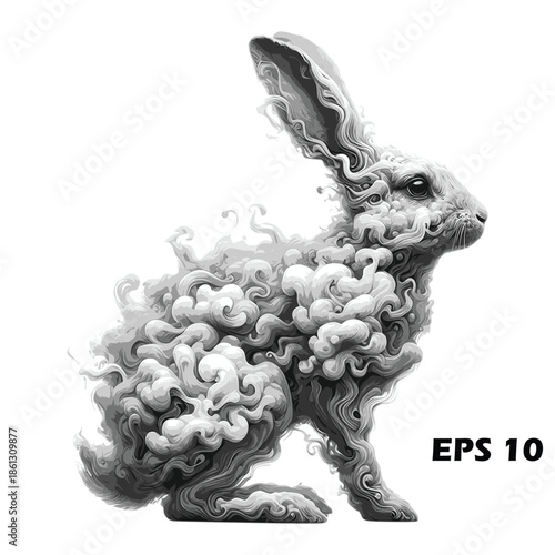 Surreal Smoke Rabbit Vector Illustration. Artistic Bunny Rabbit Silhouette Composed of Swirling Grey Smoke and Voluminous Clouds. Creative Monochrome Wildlife Design Template