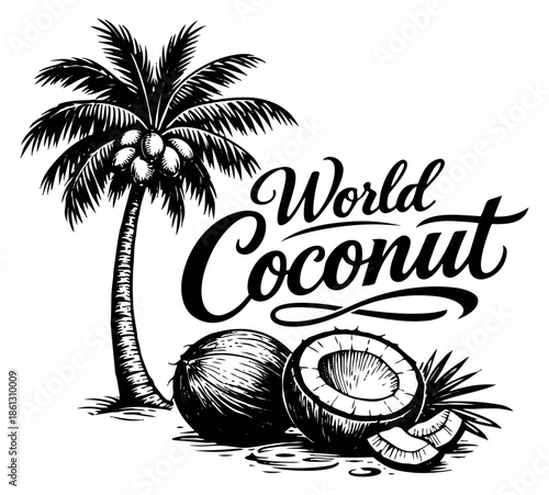 Engraved line art illustration of World Coconut lettering with a palm tree and coconuts depicting a tropical summer feel for beverage and food branding