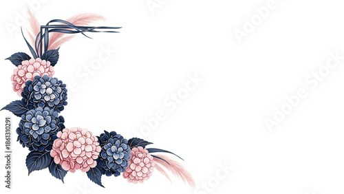 Luxury hand painted floral corner design with hydrangeas and pampas grass in navy and blush pink isolated on white background