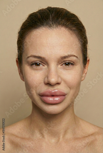 woman with huge unnatural filled lips, cosmetic filler 