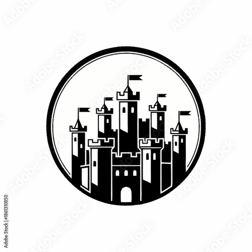 Majestic Medieval Castle Silhouette in a Circular Frame.