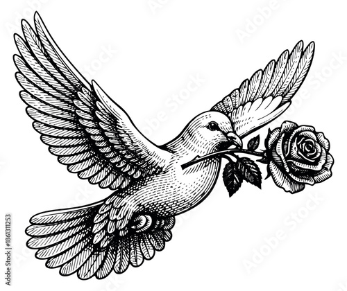 Vintage line art illustration of a dove depicting a rose in its beak for peace and love
