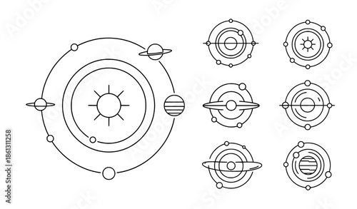 Minimal solar system orbit icon set flat vector illustration on white