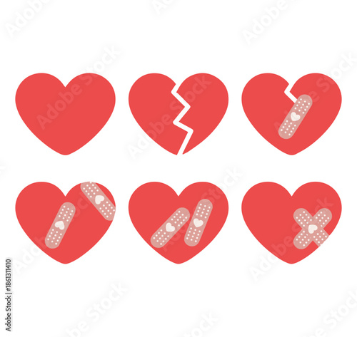 broken heart and healing bandage icons set flat vector design