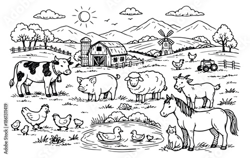 Hand drawn line art farm animals and landscape set featuring various livestock, a barn, and a windmill for children's design