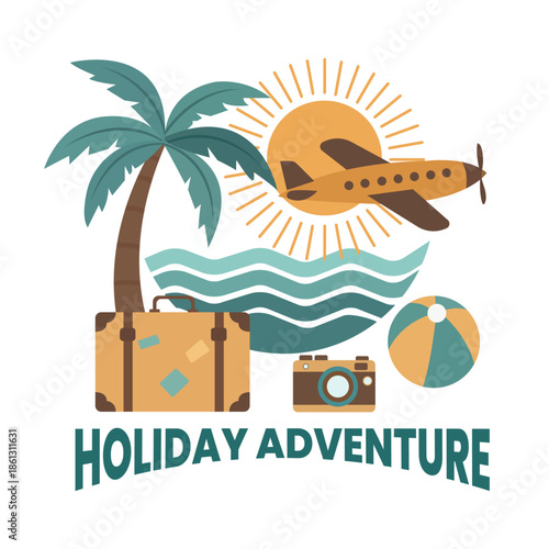 Holiday adventure illustration featuring airplane, palm tree, beach, luggage, and camera. Travel vacation concept, summer tourism design, perfect for posters, banners, and marketing.