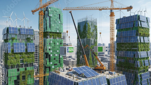 Sustainable cityscape with solar panels and wind turbines on green buildings under construction with cranes, representing eco friendly architecture and renewable