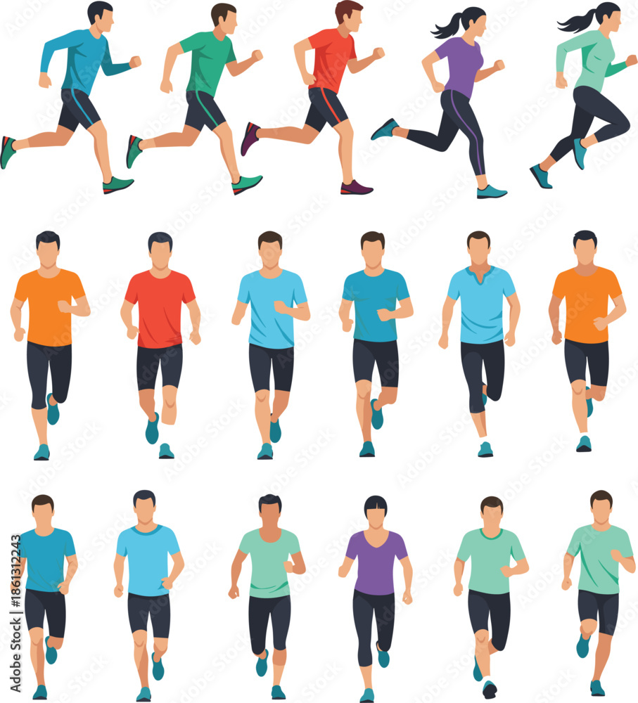 Fototapeta premium Flat vector character set of men and women runners jogging and sprinting in various poses for athletic training and fitness lifestyle branding.