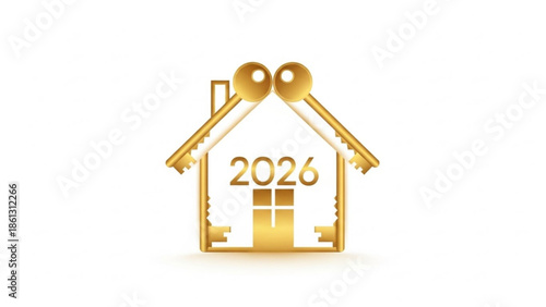 Golden house shaped key with 2026 year and two shiny keys on top, symbolizing new property ownership and future real estate goals