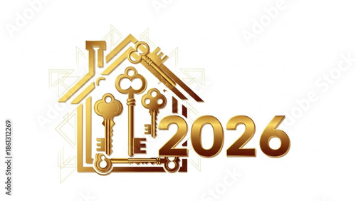 Golden house keys and 2026 year, symbolizing new home ownership and real estate success