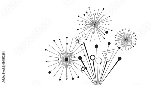 Abstract geometric design featuring interconnected radial patterns and diverse line elements forming a complex molecular-inspired structure