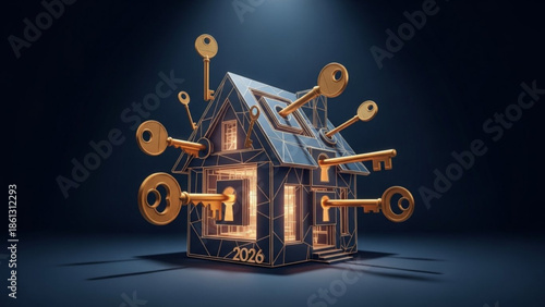 Futuristic house with glowing interior and multiple keys floating around it in dark background with spotlight