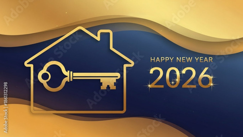 New year 2026 gold house key icon with happy new year text on blue and gold background for real estate or celebration