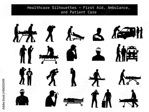 Silhouettes of emergency and patient care scenes: stretchers, ambulance, injuries, and medical aid. Healthcare concept grid.