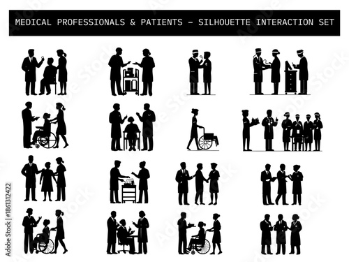 Silhouette set of medical professionals and patients in consultations, examinations, wheelchair assistance, and teamwork.