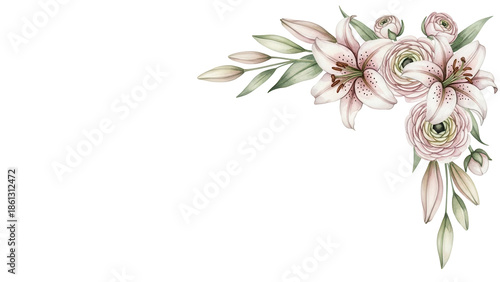 Luxury watercolor corner element featuring lilies and ranunculus in a neutral color palette isolated on white background