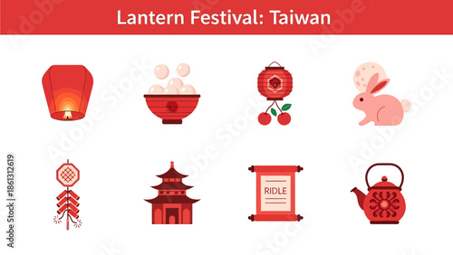 Eight red icons related to Taiwans Lantern Festival on a white background