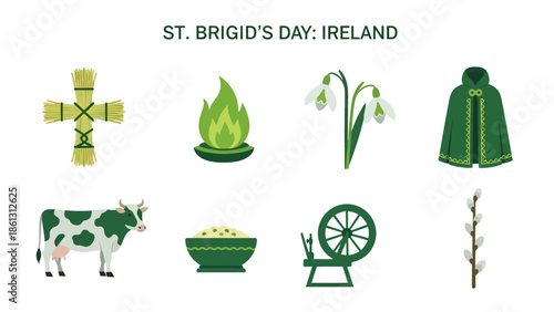 Eight symbols related to St Brigids Day in Ireland arranged in two rows
