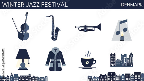 Flat design icons for Winter Jazz Festival in Denmark featuring instruments clothing and cityscapes