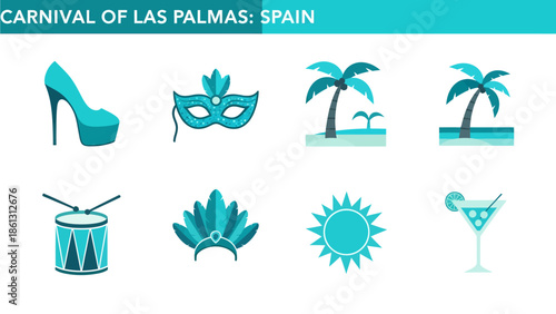 Eight turquoise icons representing the Carnival of Las Palmas Spain arranged in two rows