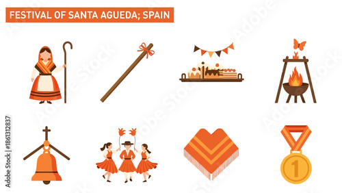 Icons illustrating elements of the Festival of Santa Águeda in Spain