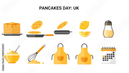 Icons illustrating the making and serving of pancakes for UK Pancakes Day