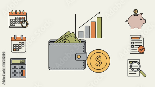 Wallet with cash and financial icons.