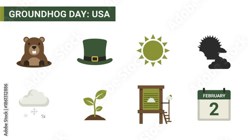 Icons related to Groundhog Day groundhog hat sun shadow snow sprout hut calendar