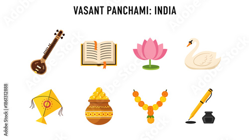 Icons related to Vasant Panchami India including a sitar book lotus swan kite sweets garland and pen