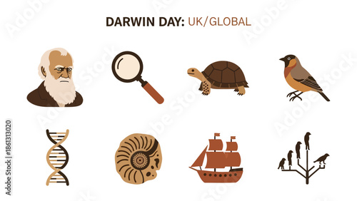 Illustration featuring Charles Darwin scientific symbols and voyage elements for Darwin Day