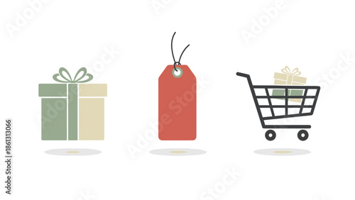Gift Box Tag and Shopping Cart Illustration.