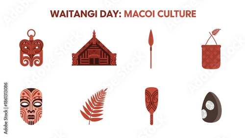 Infographic displaying eight Māori cultural artifacts and symbols with labels
