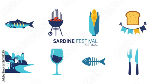 Set of flat icons for a Sardine Festival in Portugal