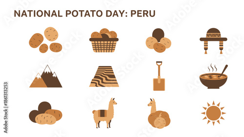 Twelve brown and tan flat icons illustrating Peruvian potato culture including potatoes mountains llamas and food