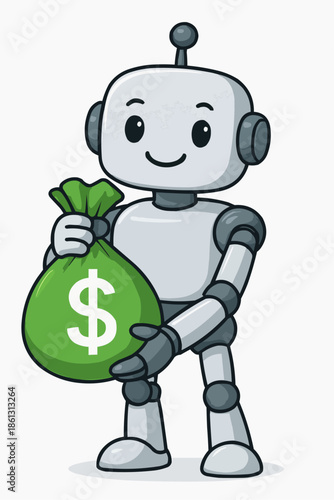 Friendly robot holding a bag of money with a dollar sign