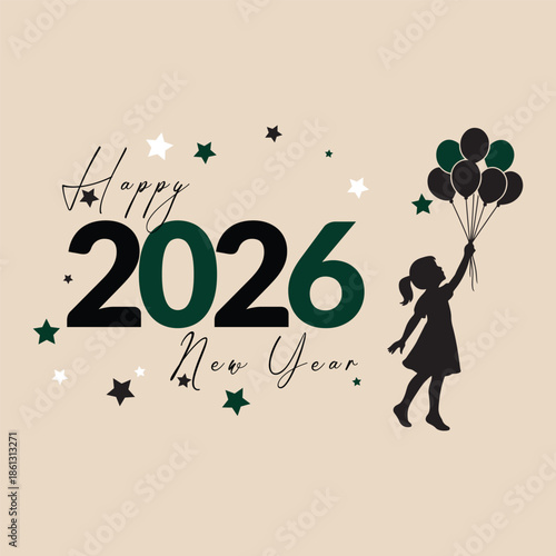 Happy new year 2026 celebration card. Kids holding line with balloons in hand