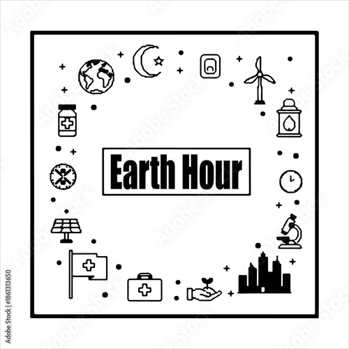 A Professional Environmental Earth Hour Icon Symbol, Showcasing Global Conservation and Digital Climate Change Sustainability Awareness Energy Saving in a Flat Design Minimalist Vector.