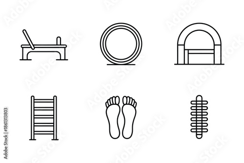 Pilates reformer equipment and physical therapy icons set