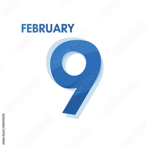 Prominent blue numeral nine indicating a specific winter calendar date, February, designed for various scheduling needs