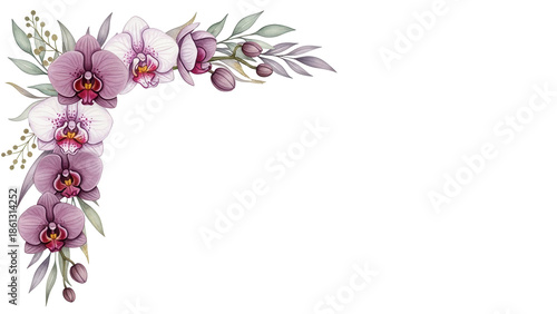 Luxury watercolor corner frame with orchids and delicate foliage in a sophisticated mauve scheme isolated on white background