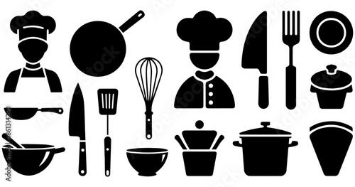 Cooking and Kitchen Utensils Icon Set with Chef Tools, Cookware, and Culinary Equipment Silhouettes Isolated on White Background