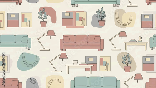 Seamless pattern of various mid-century modern furniture and home decor items in pastel colors, including sofas, lamps, tables, and plants.