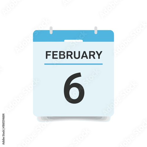 Modern blue and white calendar icon displaying February sixth isolated on a clean background concept