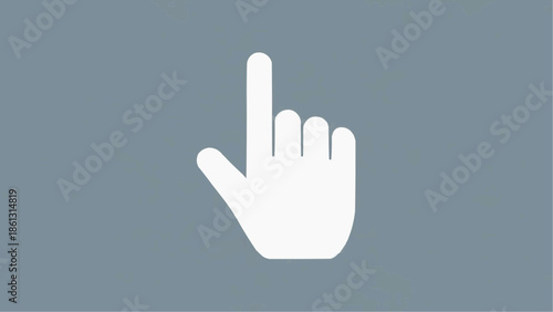 A white hand cursor icon pointing up on a solid grey-blue background, representing interaction or selection.