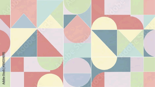 A pastel-colored abstract geometric pattern featuring various shapes like squares, triangles, and circles arranged in a repeating design.